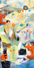 Load image into Gallery viewer, An abstract mixed media painting featuring various colors including blue, orange, and beige, with an artistic depiction of a scene that includes figures and floral elements. Long, Vertical painting for narrow wall space. Painting by Haleh Mahbod.
