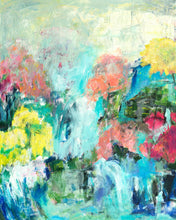 Load image into Gallery viewer, heavily textured abstract of water fall with Spring or Fall trees, landscape painting of water and mountains. By Haleh Mahbod Art.
